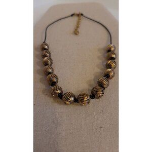 Monet Vintage Gold-Tone Textured Bead Necklace With Adjustable Chain & Black Cor
